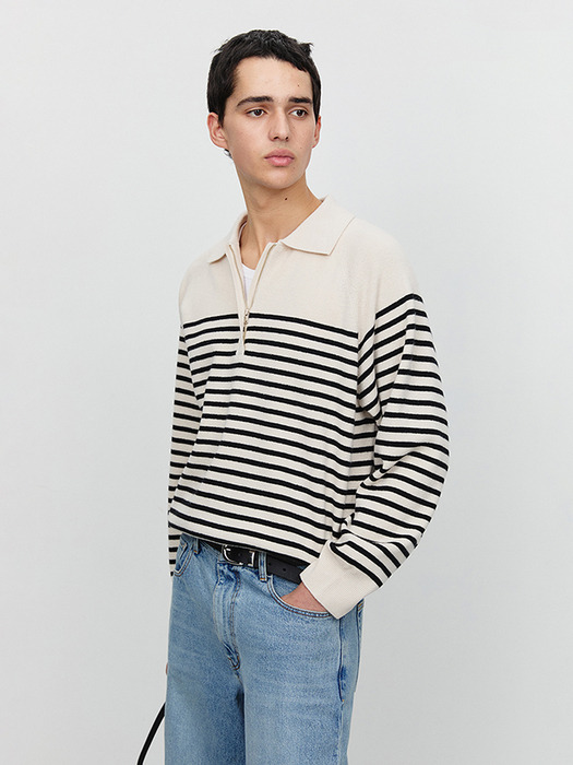 UNISEX STRIPED HALF ZIP-UP SWEATER CREAM_M_UDSW5A103CR
