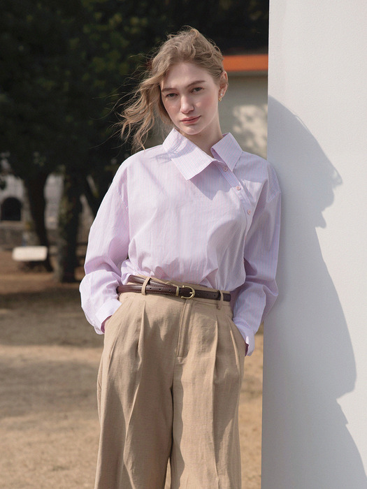 [단독]NESIS unbalance slant shirt_pink stripe