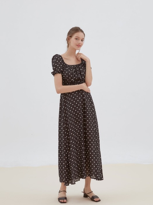 lovely dot shirring long dress[black]