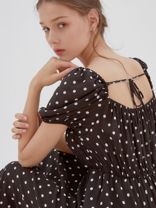 lovely dot shirring long dress[black]