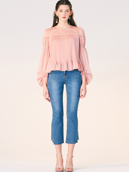 VOLUME SMOKE SLEEVE PLEATS BLOUSE_ROSE PINK