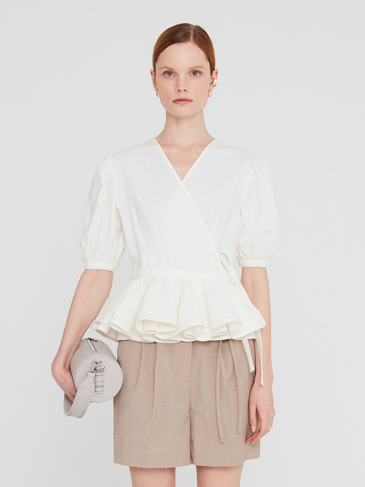 20SS LINEN WRAP BLOUSE WITH RUFFLED HEM - IVORY