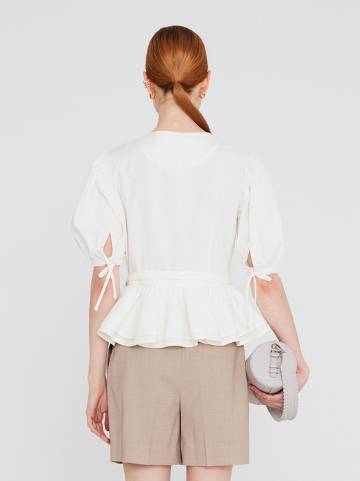 20SS LINEN WRAP BLOUSE WITH RUFFLED HEM - IVORY