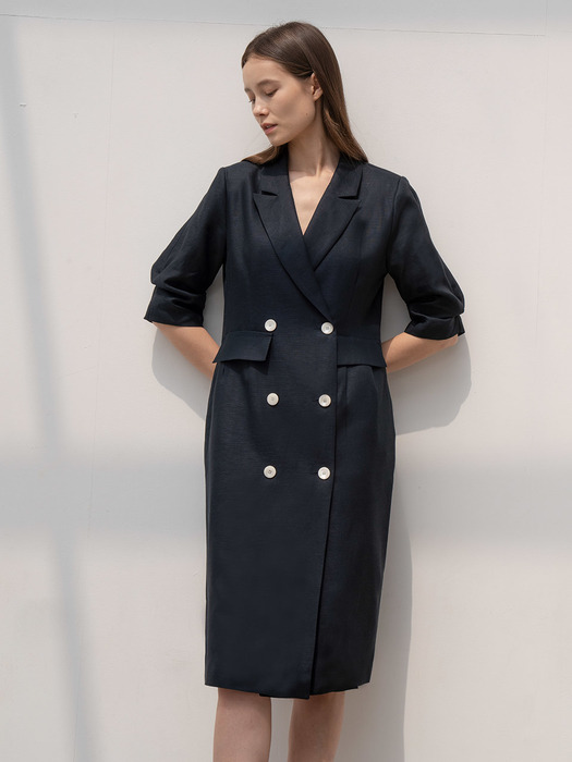 Double button contrast dress in navy