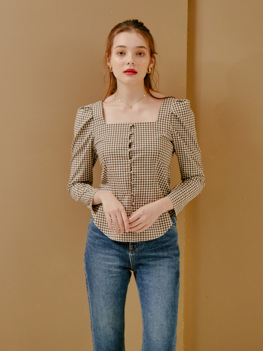 SQUARE NECK CHECK BLOUSE_BROWN