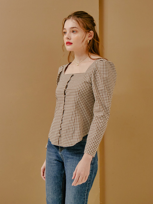 SQUARE NECK CHECK BLOUSE_BROWN