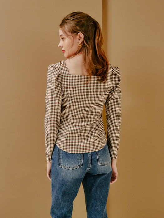 SQUARE NECK CHECK BLOUSE_BROWN