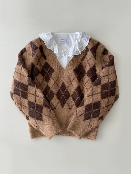 [SET]Argyle Check Transform Knit+Ariel Double Ruffle Blouse