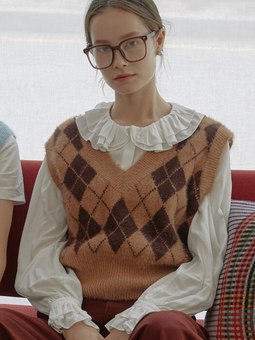 [SET]Argyle Check Transform Knit+Ariel Double Ruffle Blouse