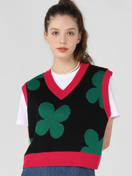 Flower pattern crop knit vest [Black]