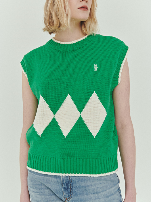 BENSIMON ARGYLE KNIT VEST (FOR WOMEN) - GREEN