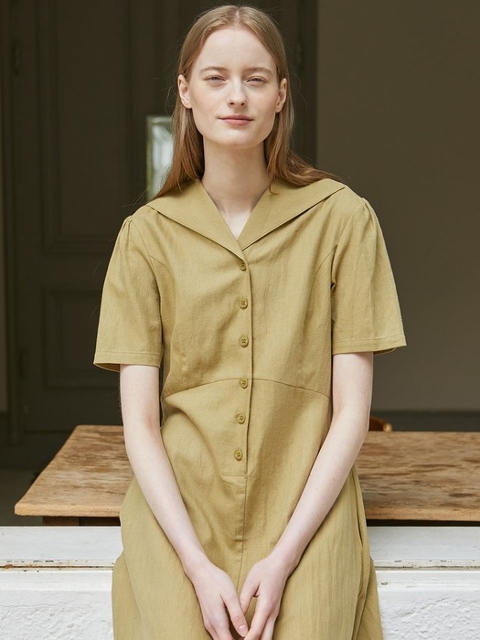 Linen Shirring Button Dress - Olive