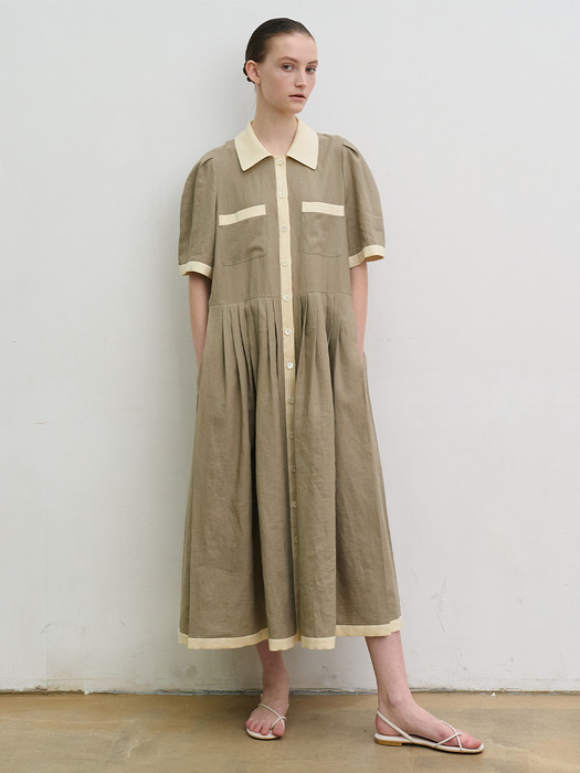Linen pleated shirt dress (khaki)