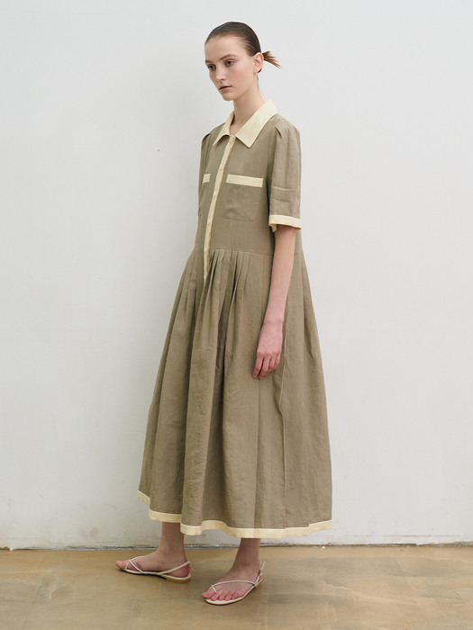 Linen pleated shirt dress (khaki)
