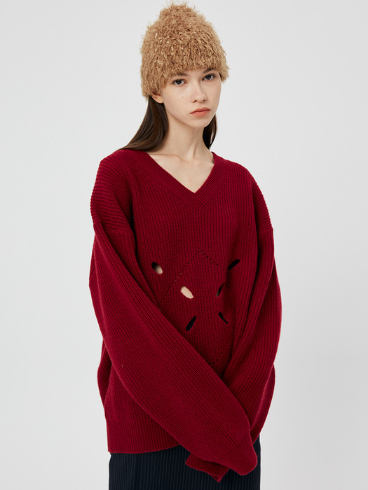 UNISEX, Argyle Hole Oversized Knit / Wine