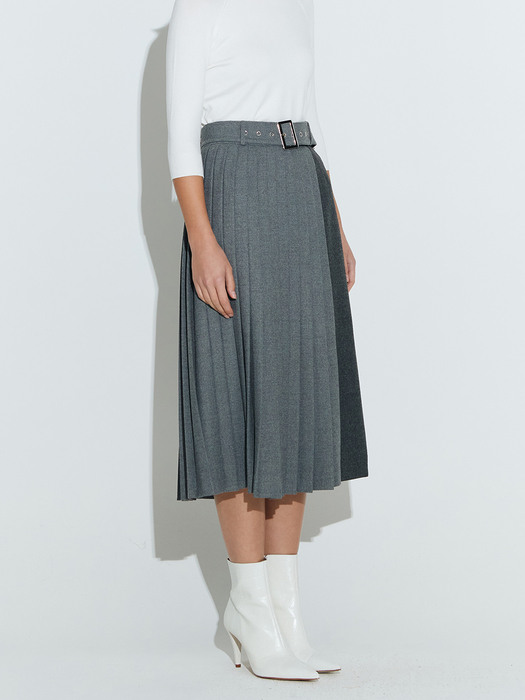 Wool Pleats long skirt [Grey]