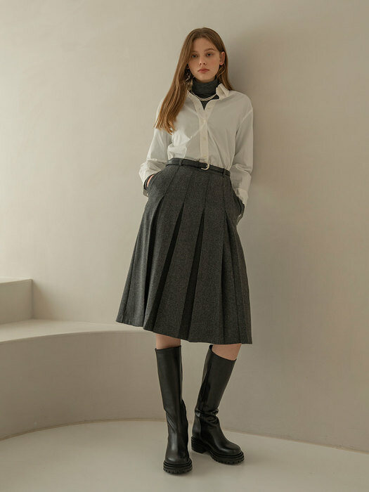 SI ST 9006 Wool Blend Pleats Skirt_HB Charcoal