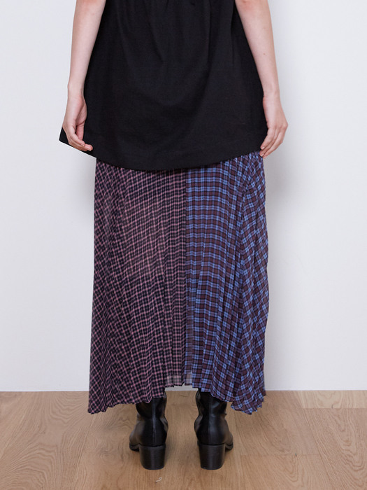 21FW_Patch-work Pleats Skirt (Check Pink)