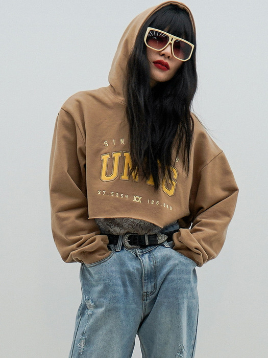 Logo-Embroidered Cropped Hooded Sweat Shirt[Brown(UNISEX)]_UTT-FH06