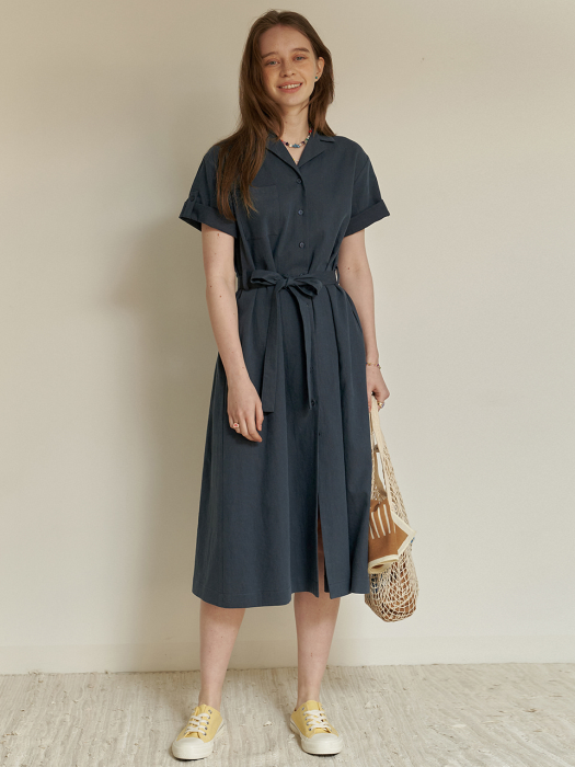 A OPEN COLLAR LINEN DRESS_NAVY