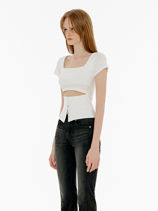 SQUARE NECK CUT OUT SNAP TOP - WHITE