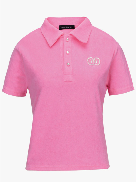 골프 진주로고 면 테리 와이카라 핑크 반팔 티셔츠