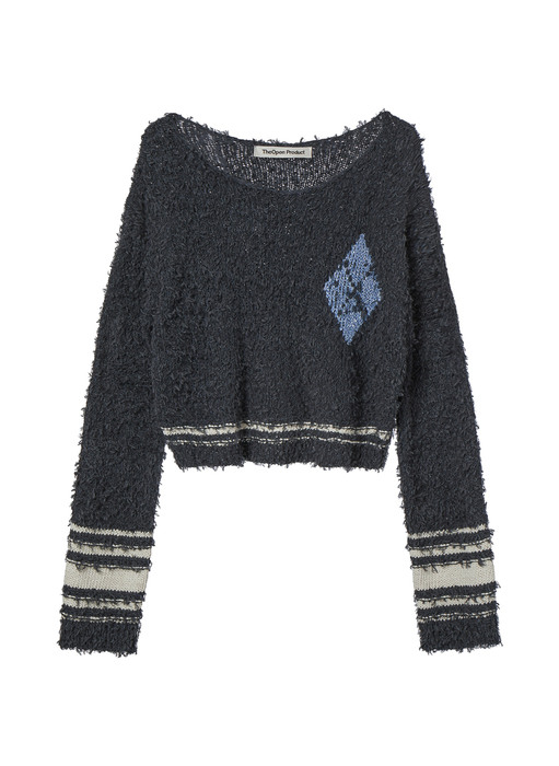 ARGYLE CROPPED KNIT PULLOVER, NAVY