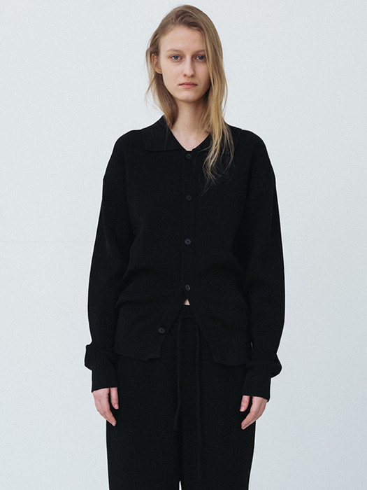 COTTON-BLEND COLLAR KNIT CARDIGAN[BLACK]