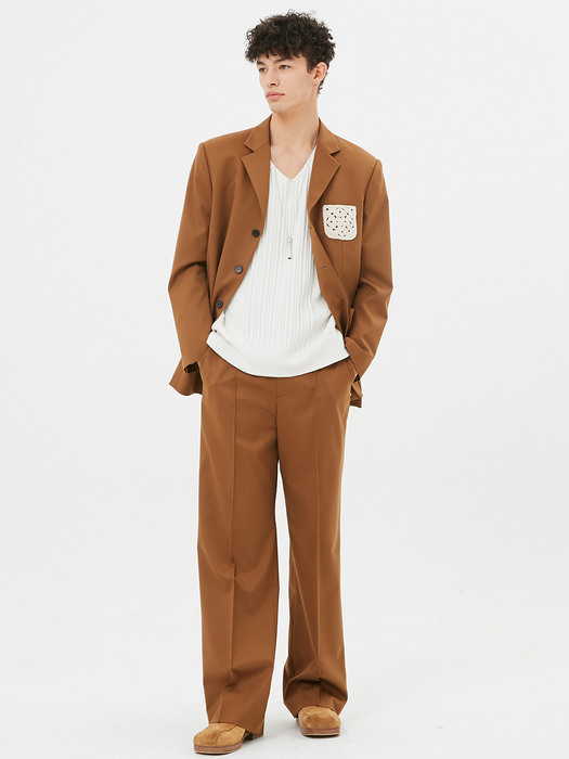 For men, Orbit Crochet Patch Straight Slacks / Camel