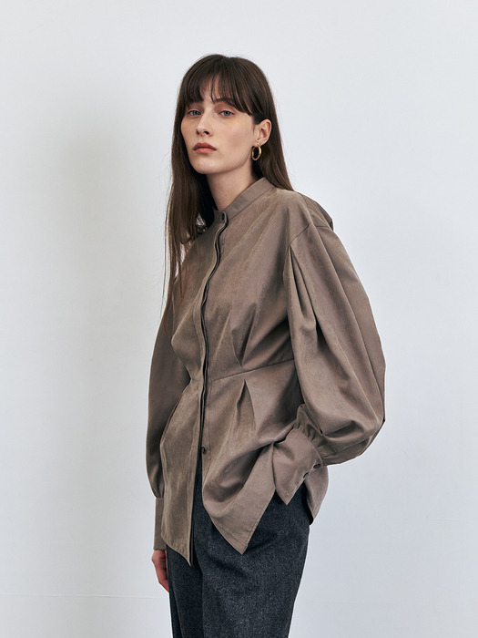 Box Pleated Soft Volume Blouse, Taupe