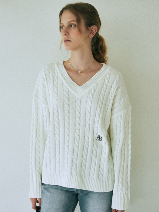 CABLE V-NECK SWEATER_IVORY