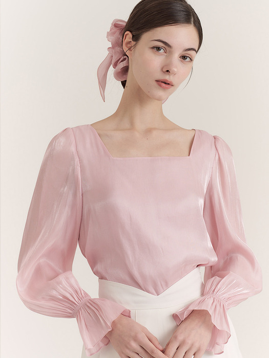 Daisy Satin Square-neck Blouse (Pink/Cream/Mint)