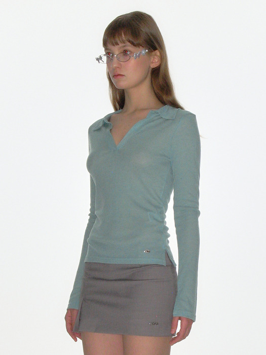 SHEER COLLARED TOP_BLUE GREEN
