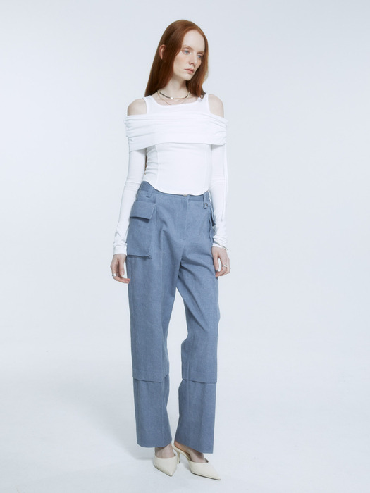GALLIENI Draped Double-Layered Off-Shoulder Top_Off White