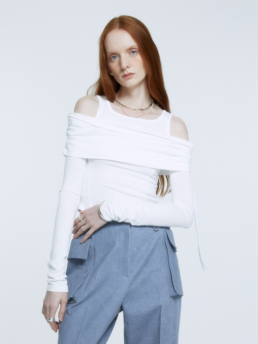 GALLIENI Draped Double-Layered Off-Shoulder Top_Off White