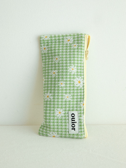 ouior flat pencil case - check flower green (topside zipper)