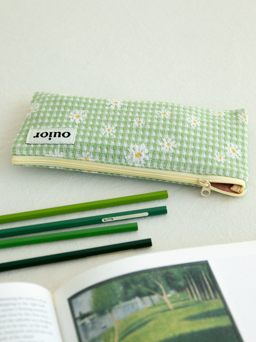 ouior flat pencil case - check flower green (topside zipper)
