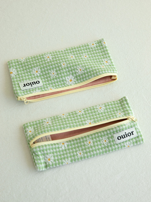ouior flat pencil case - check flower green (topside zipper)