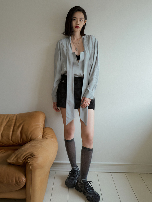 U NECK LONG TIE BLOUSE_MINT GRAY