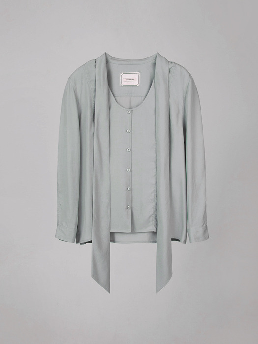 U NECK LONG TIE BLOUSE_MINT GRAY