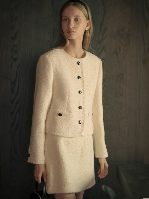 Dylan wool boucle collarless jacket_Ivory