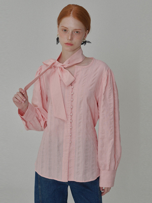 Puff Sleeve Tie Cotton Blouse_Pink