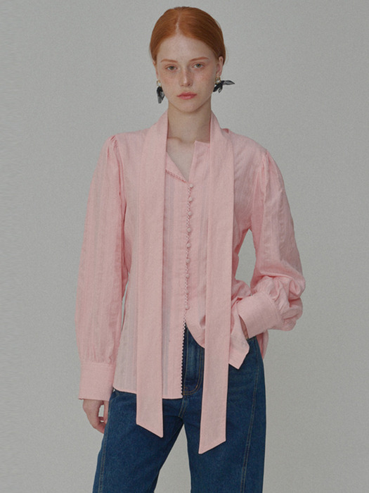 Puff Sleeve Tie Cotton Blouse_Pink