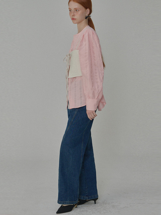 Puff Sleeve Tie Cotton Blouse_Pink