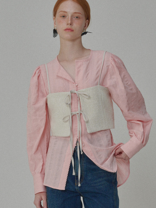 Puff Sleeve Tie Cotton Blouse_Pink