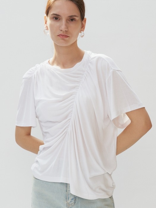 UNBALANCE SHIRRING T-SHIRTS (white)