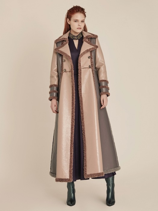 Shearling-Trimmed Faux Leater Maxi Coat