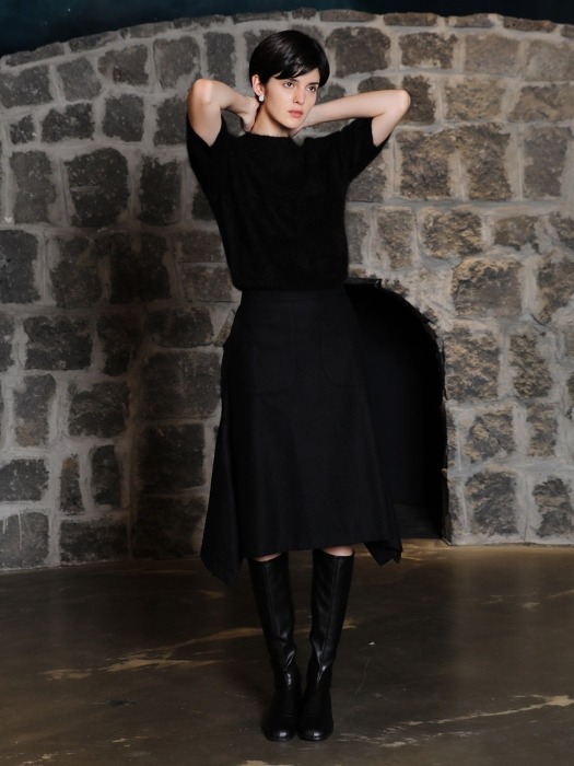 Wool side slit skirt_Black