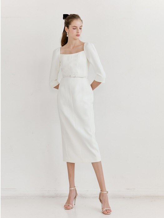 [미전시]ODETTE Square neck Three-quarter Sleeve H-line midi dress (Off White)