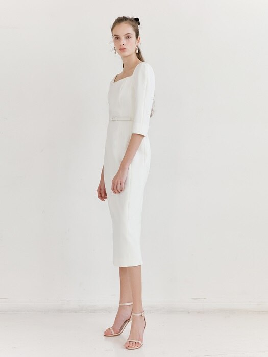 [미전시]ODETTE Square neck Three-quarter Sleeve H-line midi dress (Off White)
